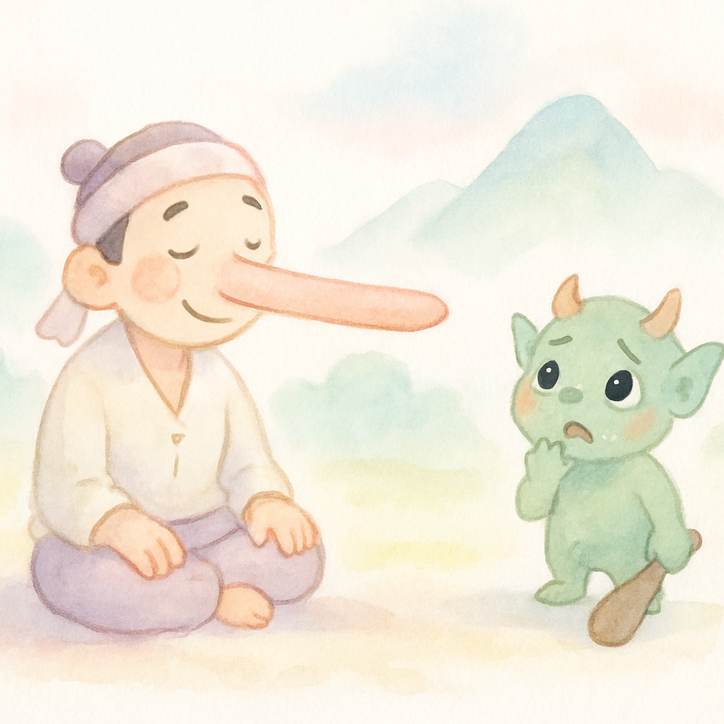 나무꾼이 긴 코를 가지고도 화내지 않고 조용히 앉아있는 장면